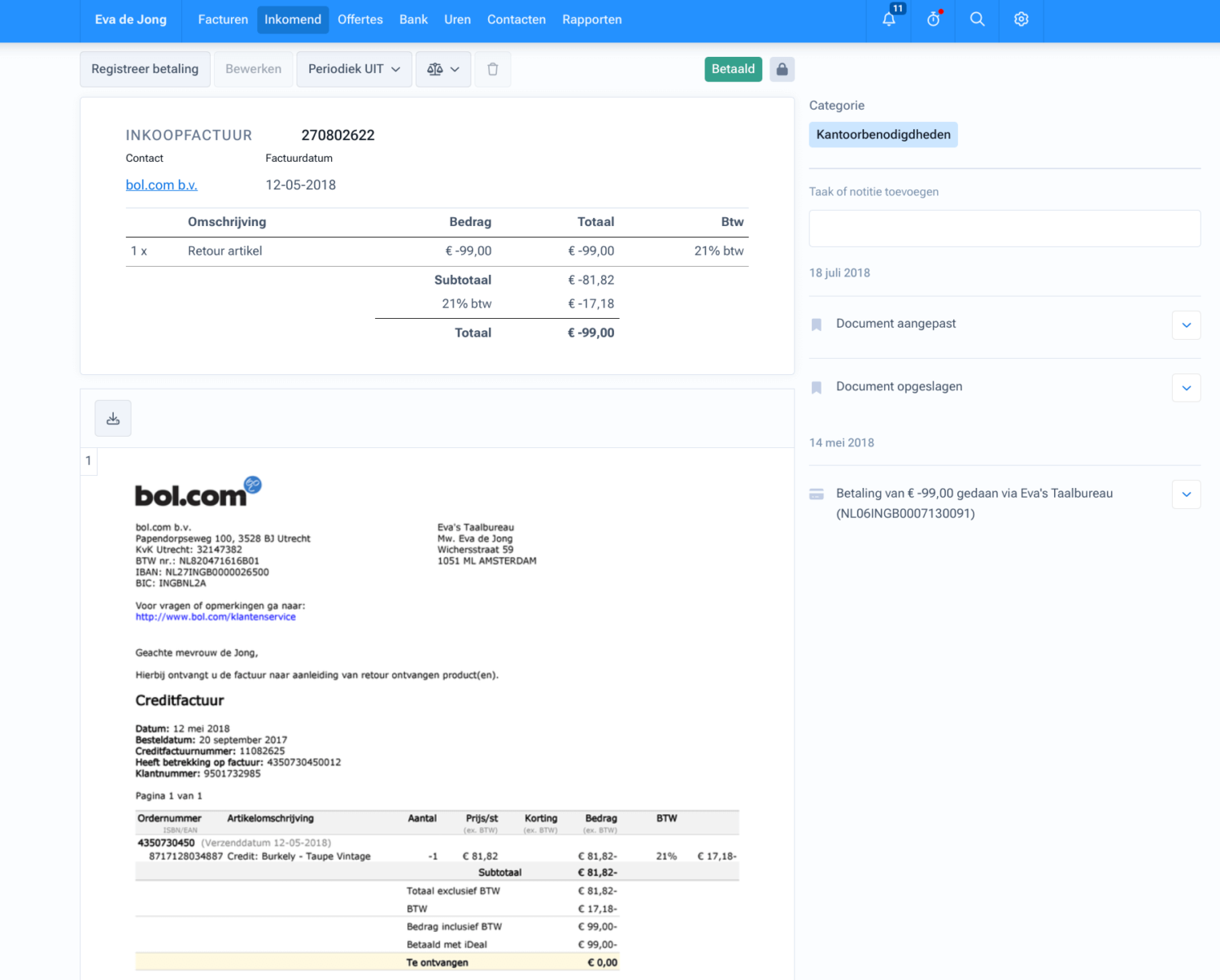 voorbeeld creditfactuur moneybird